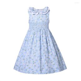 Vestidos de menina azul smocked para bebês meninas crianças elegante margarida flores sem manga vestido casual tamanho 4 5 6 7 8 10 12 14 anos
