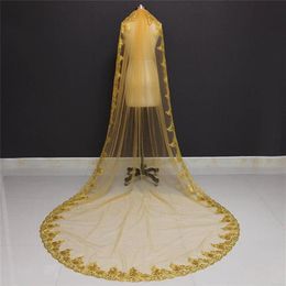 Real Pos One Layer Sequins Lace Edge Gold 3 Metres Cathedral Wedding Veil with Comb Beautiful Bridal Veil NV70984788876314g