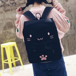 School Bags fashion Cute Cat Embroidery Canvas Student bag Cartoon Backpack Leisure black pink 230721