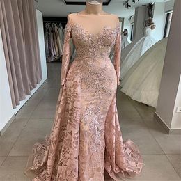 Vintage Blush Mermaid Prom Pageant Dresses with Long Sleeve Jewel Neck Lace Beaded Sheer Neck Trumpet Arabic Occasion Evening Gown319g