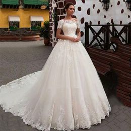 2021 Vintage White Lace Wedding Dresses Ball Gown Off The Shoulder Boat Neck Short Sleeves Bridal Gowns Vestido De Novia Marriage 268O