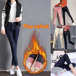 Women's Jeans Women Fashion Slim Add Velvet Skinny Denim Pants Casual Stretch Pencil Warm Thicken Button High Waist Winter