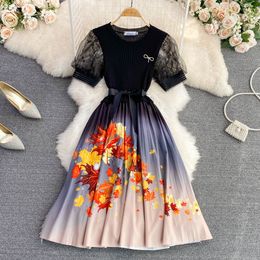 Basic Casual Dresses 2023 New Fashion Women Bow Embroidery Puff Short Sleeve Knitted O Neck Lace Up Slim Stitching Flower Print Pleated Midi Dress