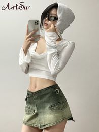 Women's T-Shirt Hooded Long Sleeve Crop Tops Women Basic T-shirts Solid Colour Loose Fashion Streetwear Y2k Clothes Summer Pullover Smock 230721