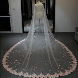 Gorgeous Pink 400cm Wedding Veil with Lace Floral Appliques Vestido De Noiva Longo Custom Made Elegant Bridal Veil192B