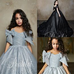 Pentelei 2019 Ball Gown Flower Girl Dresses For Wedding Sequined Off The Shoulder Bow Sweep Train Girls Pageant Dresses Custom Mad256V