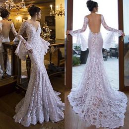 Sexy Backless Mermaid Wedding Dresses Full Lace 2019 Long Bell Sleeve V Neck Bohemian Beach Boho Bridal Gowns Cheap Bride Dress Pl214g