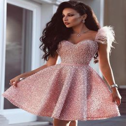 Elegant Pink Short Party Cocktail Dresses Ball Gown Evening Dress Sweetheart Spaghetti Sequins Beads Mini Homecoming Prom Gowns Wi2979