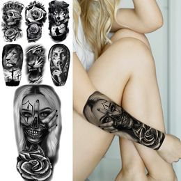 Realistic Warrior Punk Skeleton Gangster Rose Flower Temporary Tattoos For Women Men Lion Tiger Skull Rose Fake Tattoo Sexy Arm