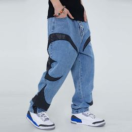 Men's Jeans Pu Leather Embroidery Patchwork Frayed Loose Mens Harajuku Retro Ripped Colour Block Straight Casual Denim Trousers