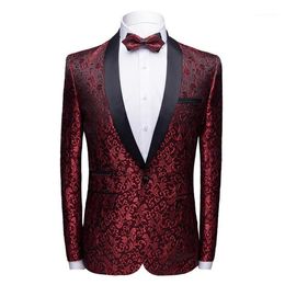 Men's Suits & Blazers Brand Men Shawl Collar Wine Red Casual Suit Jacket Prom Party Blazer Man Coat Hombre Slim Fit Floral Ma301q