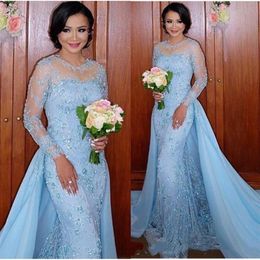 Arabic Light Sky Blue Evening Dresses With Detachable Train Long Sleeve Appliques Lace Women Mermaid Prom Party Dress Formal Event228N