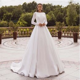 Elegant Satin Wedding Dresses Long Sleeve Lace Bride Gown Muslim Wedding Gown Covered Back Vestido de novia 2021267Y