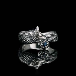 Vintage Silver Plated Fox Ring Blue CZ Stone Rings For Men Women Punk Gothic Party Jewelry Gift Whole2889