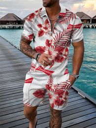 Men s Tracksuits 3D polo shirt and shorts set Casual Hawaiian style printed short sleeved zippered casual 230721