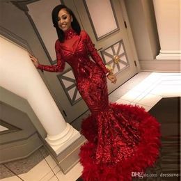 Gorgeous Sparkly Red Mermaid Evening Dresses Sequined with Feathers Long Sleeve African Black Girl Prom Dresses Formal Party Gown201g