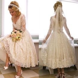 Vintage Lace Short Wedding Dresses Vestido De Novia 2019 New Bow Sash V-Neck A-Line 3 4 Long Sleeve Tea Length Bridal Gowns W1842445