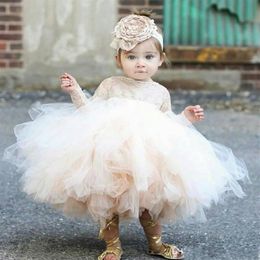 Baby Infant Toddler Pageant Clothes flower girl dress long sleeve lace tutu dress ivory and champagne flower girl dress wedding 289j