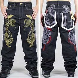 Whole-2015 New Fashion Mens Wide Leg Jeans Embroidered Gold Python Loose Pants Skating Hip-hop Street Rap Dance Trousers S321h