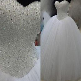 New Design Ball Gown Crystals Wedding Dresses Sweetheart White Tulle Floor Length 2019 Bridal Gowns Lace up Back Custom Made245R