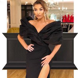 Sexy Black Evening Dresses Side Split Mermaid Prom Dresses Off the Shoulder Pleat Satin Skirt Evening Gowns Long Formal Party Dres300r