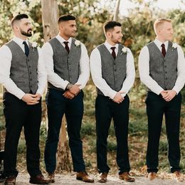 Wholes- Gray Groom Vests Wool Herringbone Tweed Groomsmen Vest Slim Fit Mens Dress Attire Suit Vest Prom Wedding Party Waistco281N