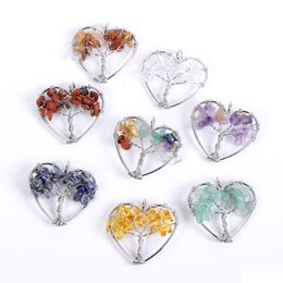 Charms 30Mm Rainbow Tree Of Life Natural Amethyst Crystal Heart Pendant Necklace Energy Stone Healing Meditation Yoga Gift Wholesale Dhi3Y