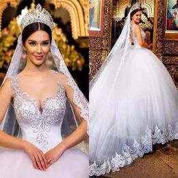 2021 Ball Gown White Wedding Dresses Sheer Neck Lace Applique Hollow Back Court train Plus Size Bridal Gowns Dubai Marriage Gowns313x