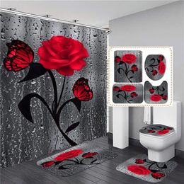 Bathroom Sets Shower Curtain Set 4 Pieces Included Waterproof Washroom Bath Curtains Lid Toilet Cover Mat Non-Slip Pedestal Rug238D