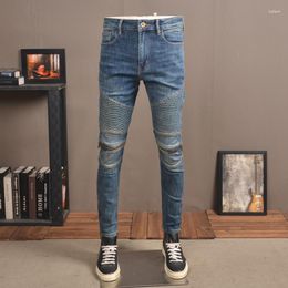 Men's Jeans Street Fashion Men Retro Blue Elastic Slim Fit Spliced Biker Homme Bottom Zipper Designer Hip Hop Denim Pants