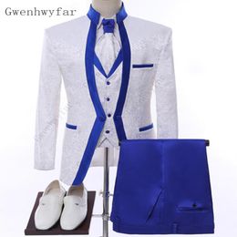 Gwenhwyfar White Royal Blue Rim Stage Clothing For Men Suit Set Mens Wedding Suits Costume Groom Tuxedo Formal Jacketpantsvest6984302k