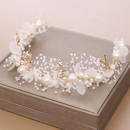 Gold Flower Pearl Headband Tiara Crown Wedding Bridal Princess Headbands Hair Jewelry Crystal Accessories Bride Headdress Headpiec262H