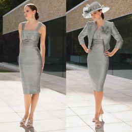 Elegant Grey Mother Of The Bride Dresses With Jackets Uk Modest Knee Length Short 2 Pieces Groom Mom Formal Dresses Without Hat 20265t