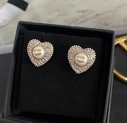 Brand Designer Double Letter Steel Seal Stud Luxury Women Girl 18K Gold Plated Silver Earring Copper Geometry Heart Inlaid Crystal Earrings Famous Wedding Jewellery