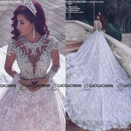 2019 Amazing Sparkly Crystal Beaded Lace Long Sleeve Wedding Dresses Royal Train Middle East Arabic Luxury Ball Gown Wedding Dress2497