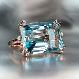 Huitan Solitaire 4 Claw Sky Blue Band Ring for Women Romantic Rose Gold Colour Horizontal Rectangular Shape Fashion Girl Rings