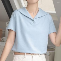 Women's Blouses Vintage Sailor Collar Shirt Women Short Sleeve Blouse Solid Color Simple Tops Summer Office Lady Loose Clothing Blusas 27076