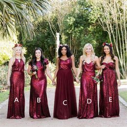 5 Styles Sparkly Burgundy Long Bridesmaid Dress Girls Prom Party Gowns Bling Sequined Evening Dresses Pageant Dress Custom Size309b