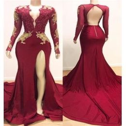 Seksi Derin V Neck Burgundy ve Gold Lace 2022 Akşam Balo Elbiseleri Denizkızı Uzun Kollu Sapalar Gerçek Po Partisi Nedime Dress333E