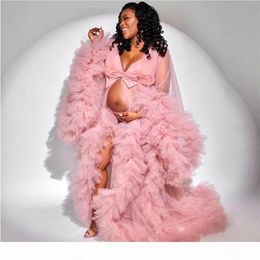 Ruffles Pink Tulle Kimono Women Dress Robe for Poshoot Extra Puffy Sleeves Prom Gowns African Cape Cloak Maternity Dress Pog201R