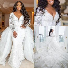 plus size mermaid wedding dresses with long sleeve modern detachable train lace pearls african garden beach wedding gowns211B
