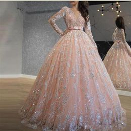 2020 Sparkly Pink Quinceanera Dresses Sequin Lace Ball Gown Prom Dresses Jewel Neck Long Sleeve Sweet 16 Dress Long Formal Evening2618