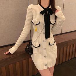 Casual Dresses Runway Fall Winter Korean Pleated Bow Tie Women's Sweater Knitted Long Sleeve Mini Elegant Party Dress Vestido