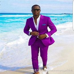 Cool Purple Groomsmen Peak Lapel Two Buttons Jacket Pants Tie Groom Tuxedos Groomsmen Man Suit Mens Wedding Suits Bridegroo233v