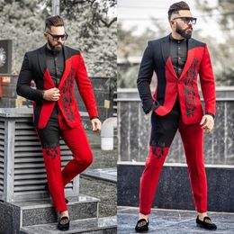 Stylish Men's Suits 2022 Two Pieces Lace Applique Wedding Tuxedos for Man Modern Patchwork Blazer Suit Casual Outfit266E