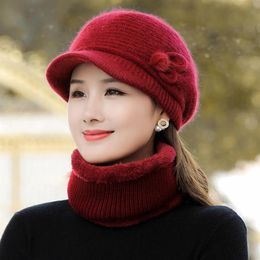 Berets Women Casual Winter Hat With Brim Outdoor Keep Warm Suit Scarf And Gloves Set For Female Street Thick Knitted Bucket326E