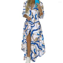 Casual Dresses Mid-length Dress Party Colorful Print Ankle Length Long Sleeve Lapel Single-breasted Cardigan Irregular Split Hem