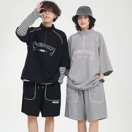 Men s Tracksuits Summer Sports Suit Japan High Street Fashion T shirt Shorts Two piece Set Men Retro Neck Top Designer Clothes 230721