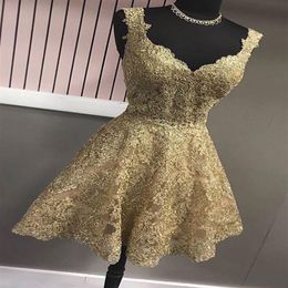 Gold V neck Homecoming Short Prom Dresses Cheap V neck With Straps Lace Bodice A line Princess New 2022 Graduation Party Formal Dr208C