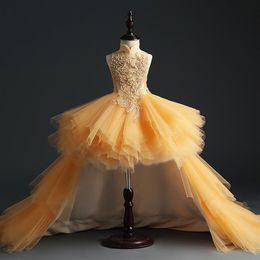 Fluffy Gold Tulle Girl's Pageant Dress Birthday Party Dress Hi-Lo Sequin Beads Flowers Girl Princess Dress Kids First Communi268G